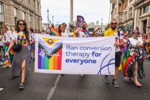 Mental Health Charity Mind displays a banner pleading for conversion therapy to be banned on 29 June 2024. Photo: Imageplotter/Alamy